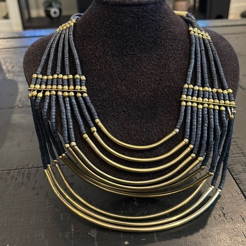Vintage Brass & Wood Bead Necklace Strand Boho Modernist Blue Statement Beadedβ